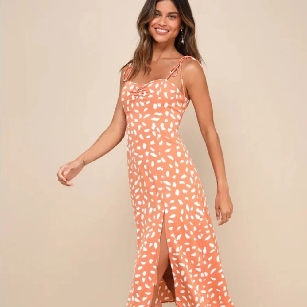 Lulus Party In Paris Light Orange Print Tie-strap Midi Dress - Size S - Picture 4 of 7